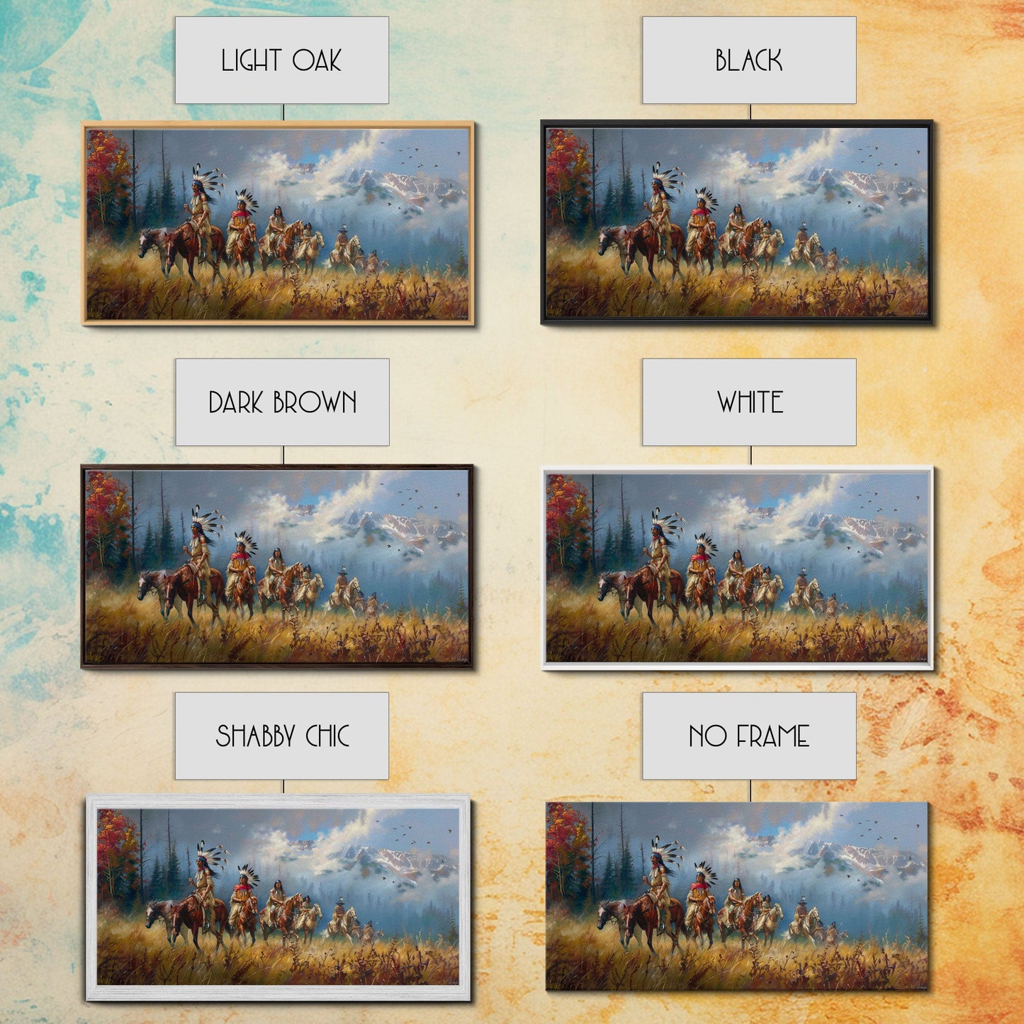 Native American Warriors on Horseback in Autumn Forest, Perfect Wall Art, Framed Canvas Print Living Room or Bedroom Decor, Historical Art