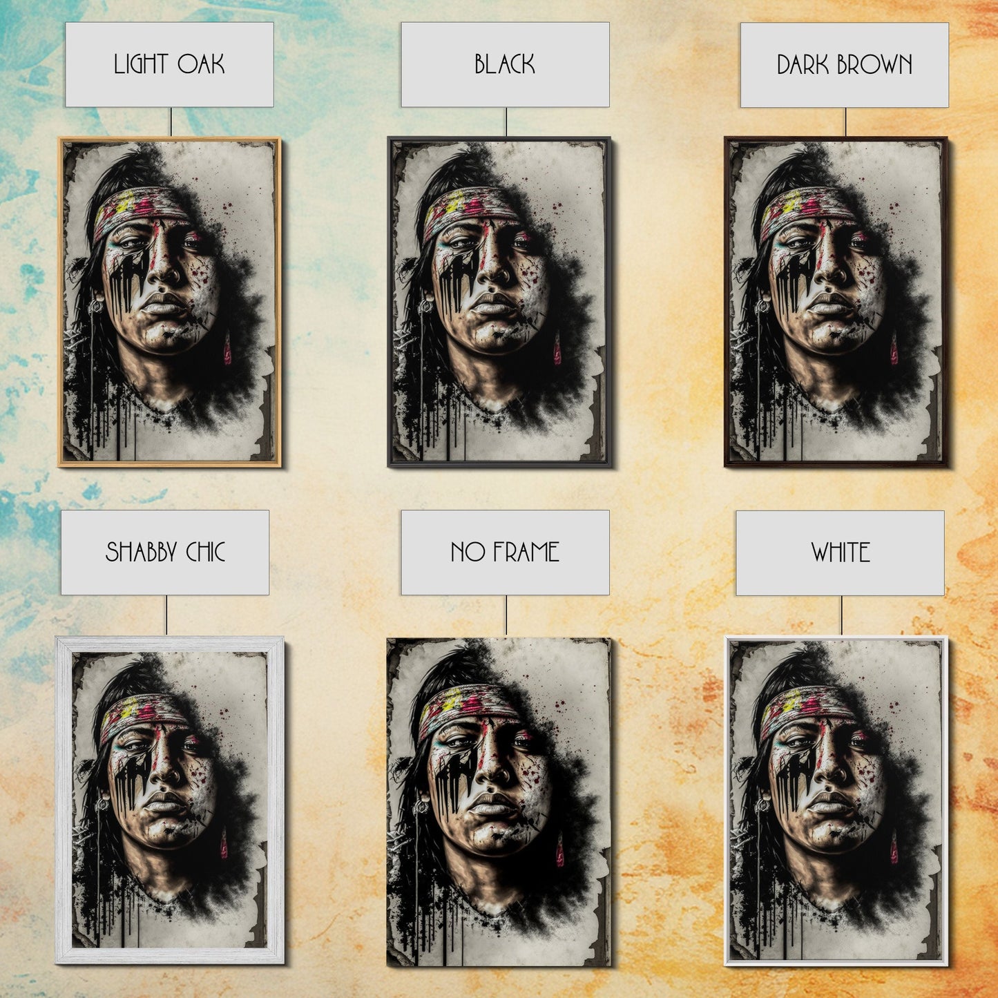 Brutal Graffiti Art, Native American Warriors Portrait, Framed Canvas Print