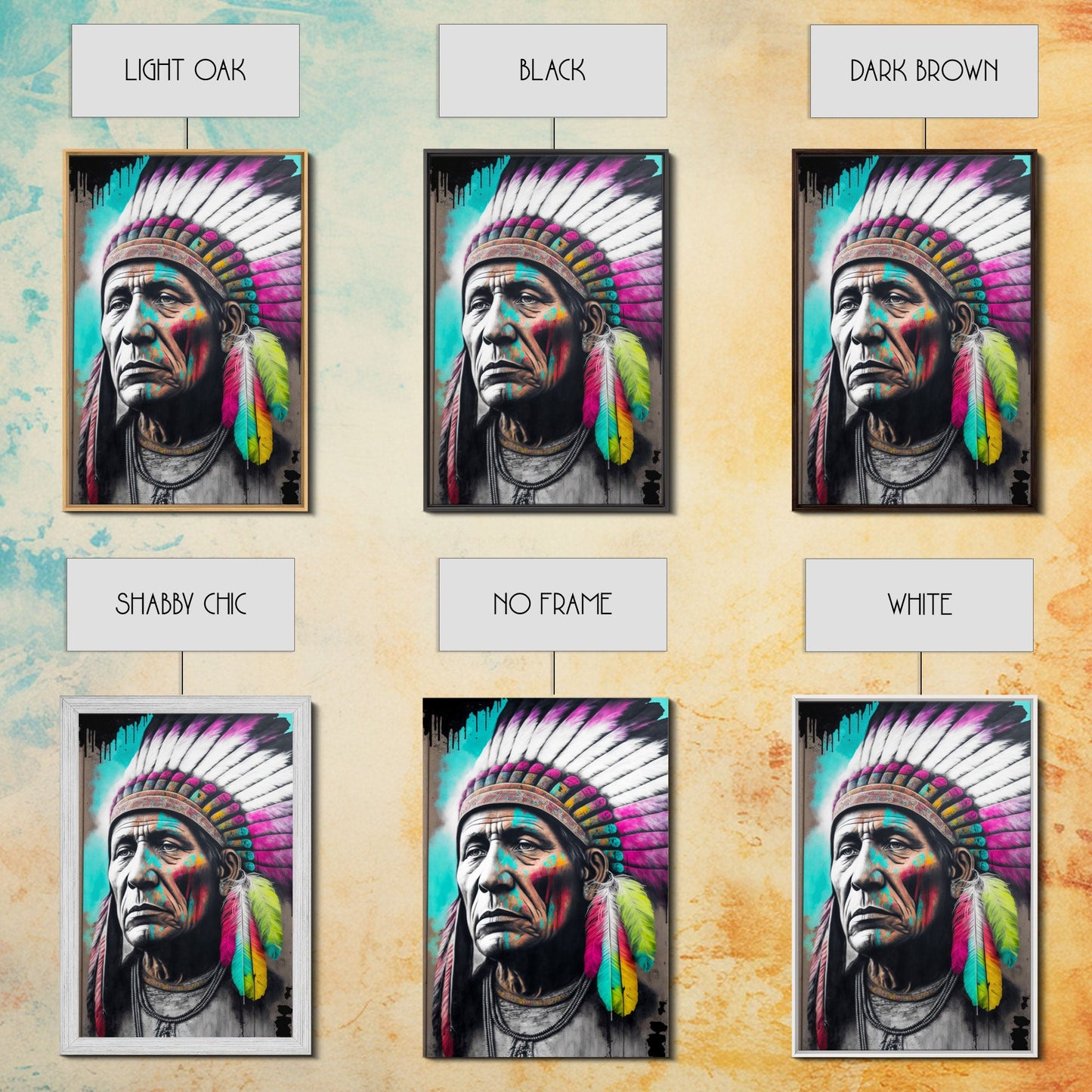 The Warrior, Native American Chief, Graffiti Art Portrait, Framed Canvas Print, Rainbow Feather Mohawk, Pop Art Portrait