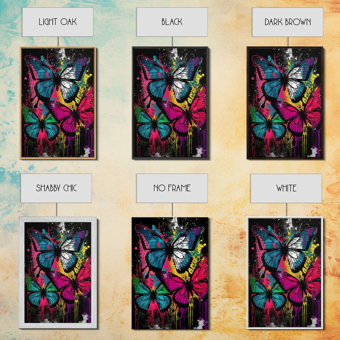 Graffiti Butterfly Art, Framed Canvas Print, Large Wall Art, Contemporary Punk Art, Butterflies, Pop Art, Paint Splatter Art