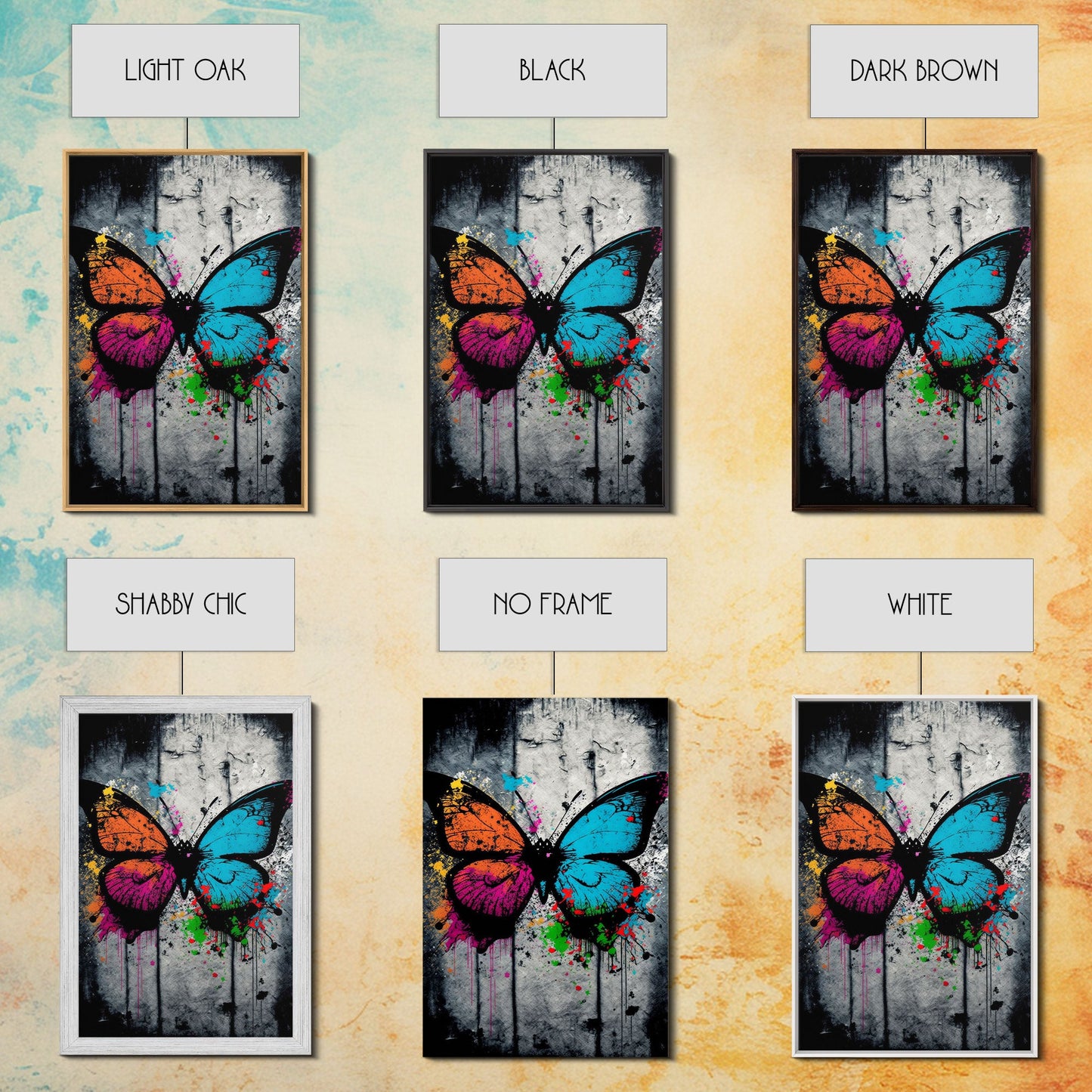 Graffiti Butterfly Art, Framed Canvas Print, Large Wall Art, Contemporary Punk Art, Butterflies, Pop Art, Paint Splatter Art