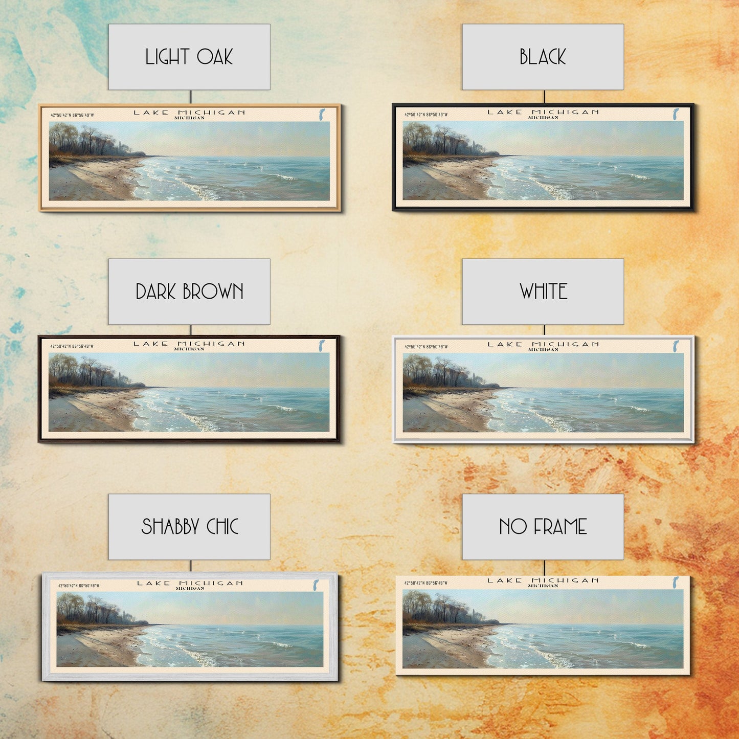 Lake Michigan Framed Canvas Print, Lake House Decor, Panoramic Wall Art, Travel Poster, Beautiful Landscape Painting, Bedroom Decor