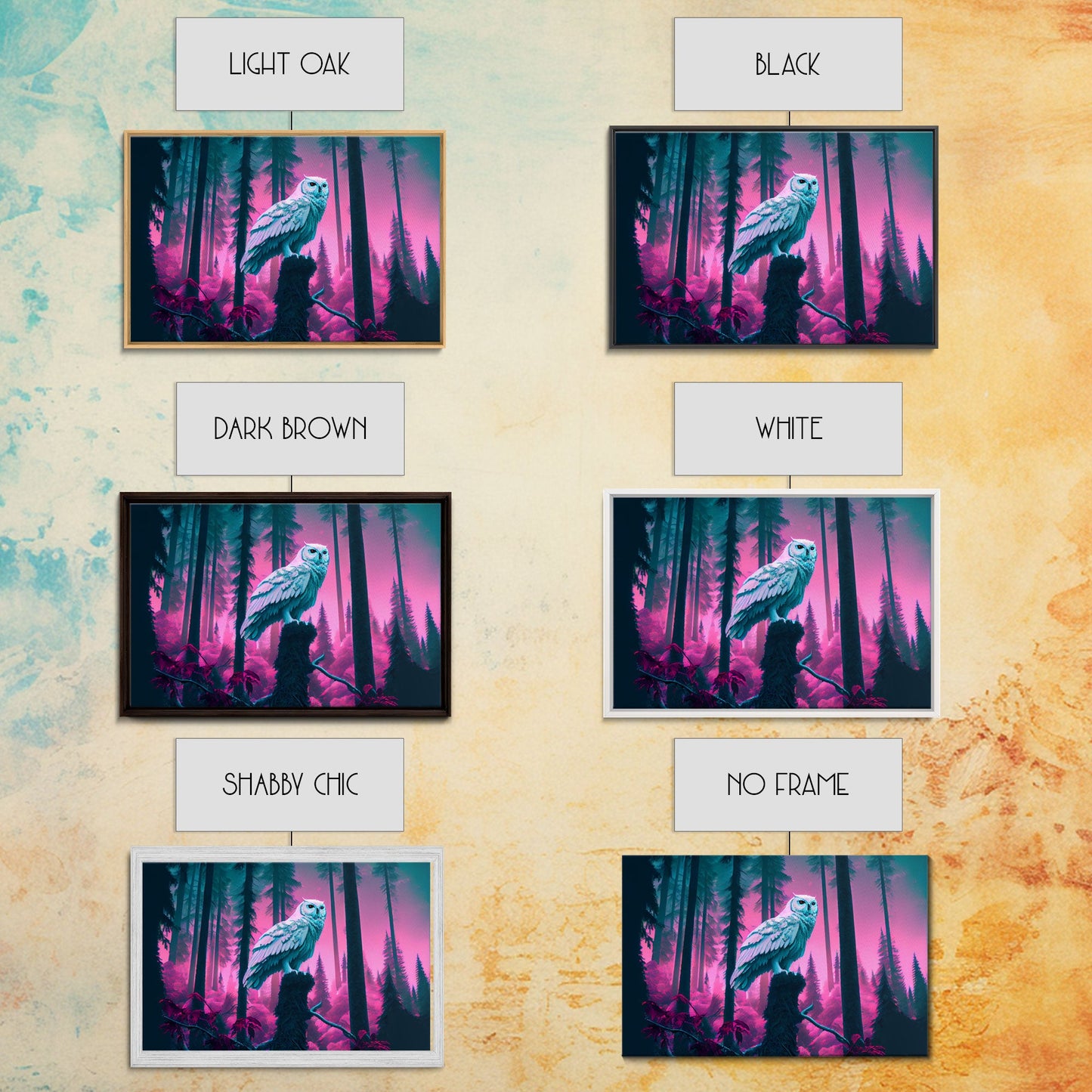 White owl in synthwave forest, vaporwave style animal print art, framed canvas print