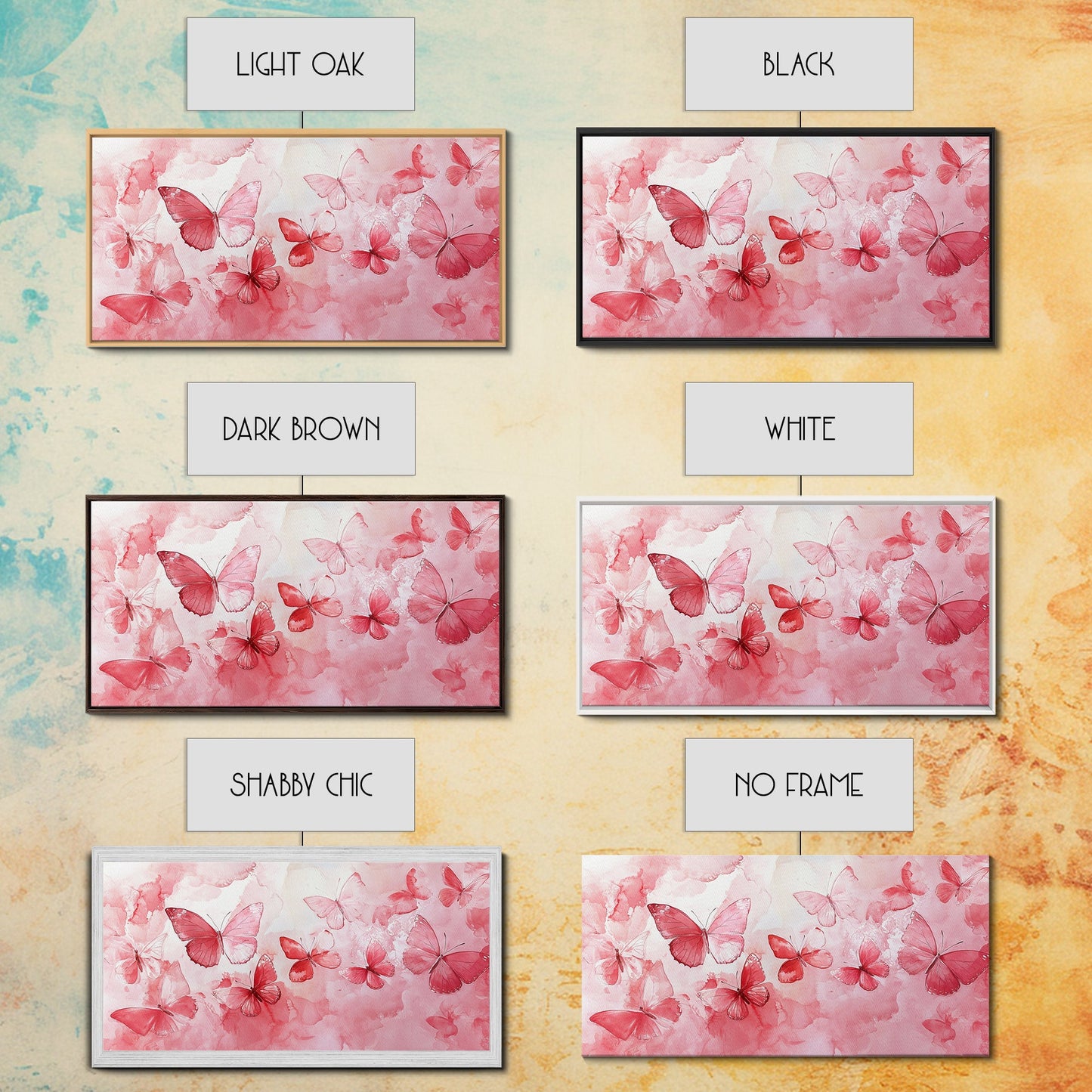 Pink Butterfly Collection Illustration in Whimsical Wall Art Style on Framed Canvas Print, Feminine Bedroom or Living Room Decor