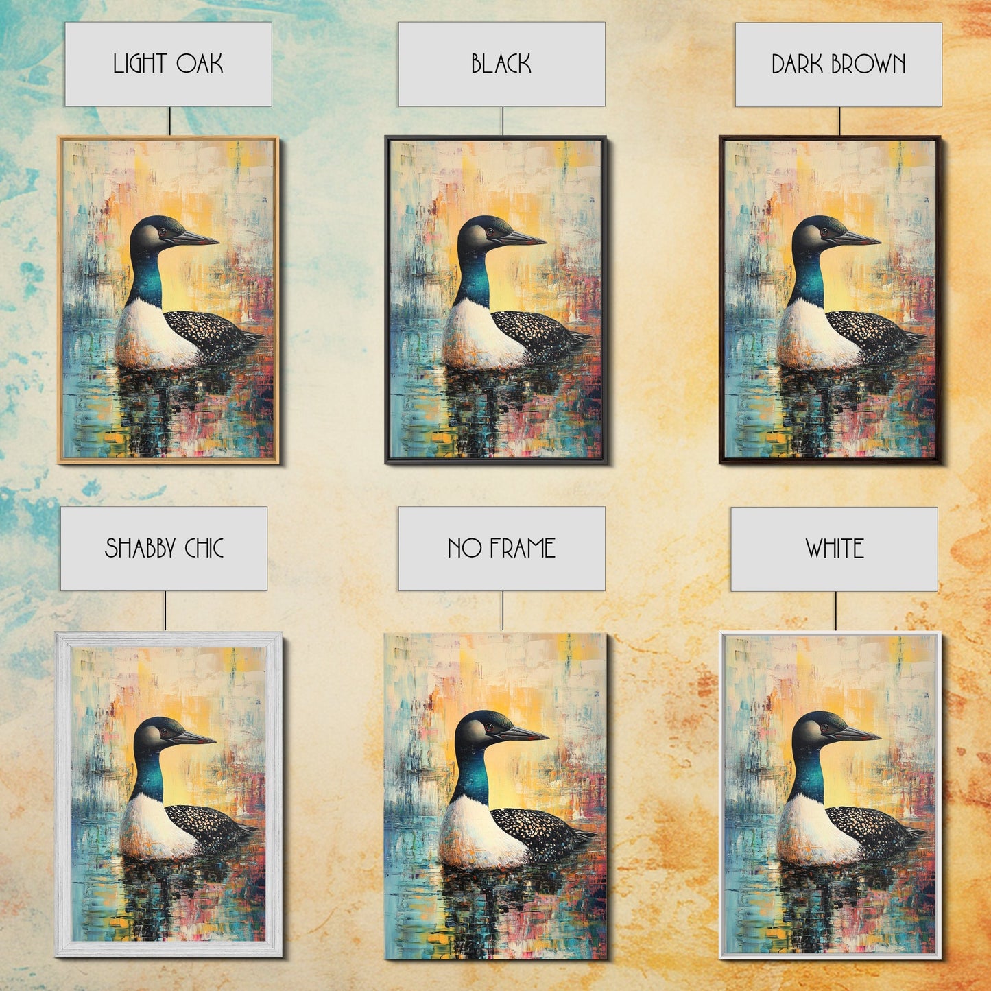 Loon Painting, bird art, blue and green wall art, moody art, gift idea for him, rustic decor, Framed Canvas Print, above couch art