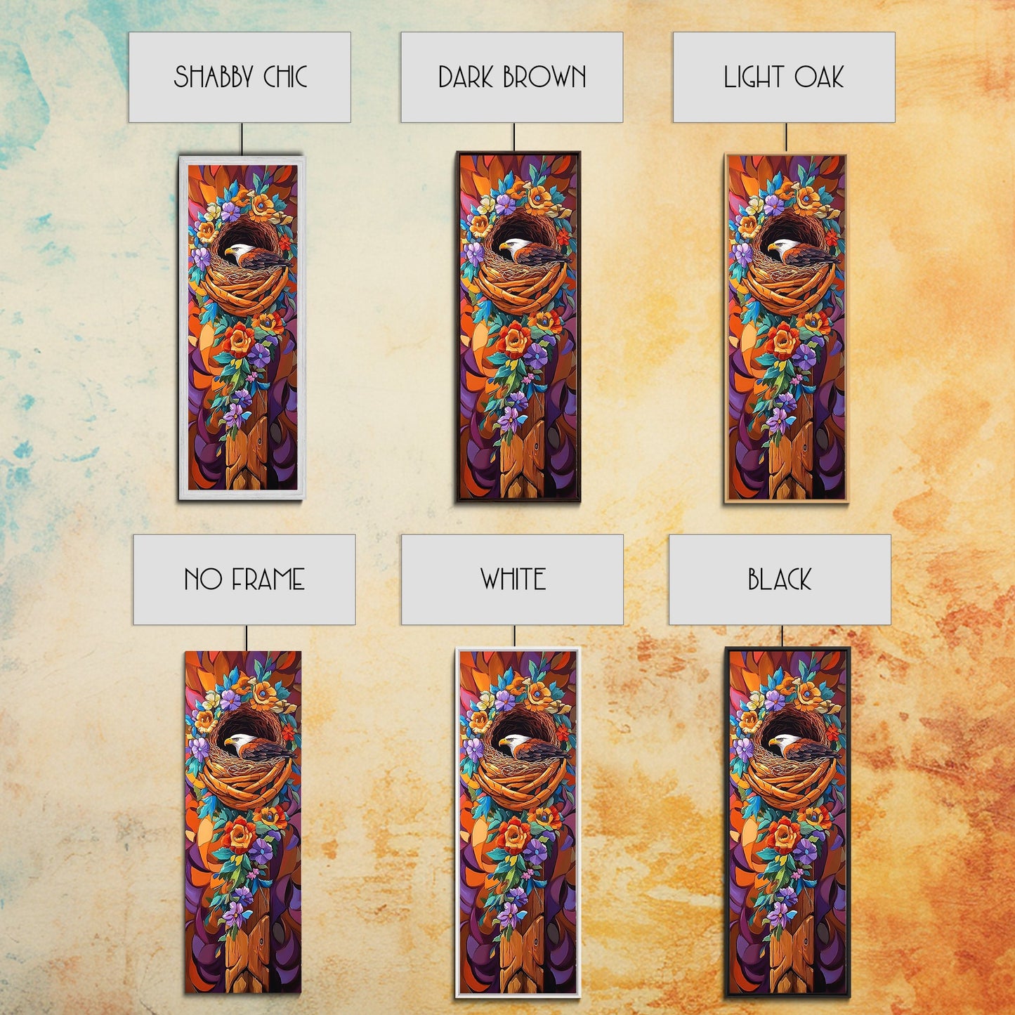 Eagle Nest, Floral Wreath, Nature Watch, Framed Canvas Print, patriotic wildlife wall art, rustic boho decor, cabin or lodge nature artwork