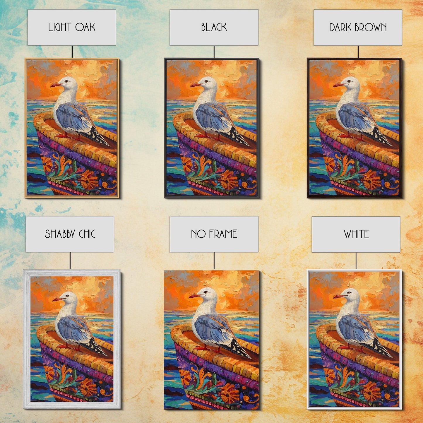 Seagull View, Coastal Bird, Sunset Sky, Ocean Perch, Framed Canvas Print, nautical bird art, hallway wall decor, seagull boho art