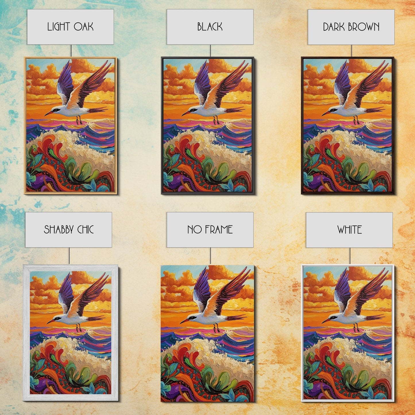 Flying Bird Sunset, Colorful Ocean Waves, Tropical Wildlife Art, Canvas Print, Boho Nature Decor, Fall Wall Accent, Vibrant Scene