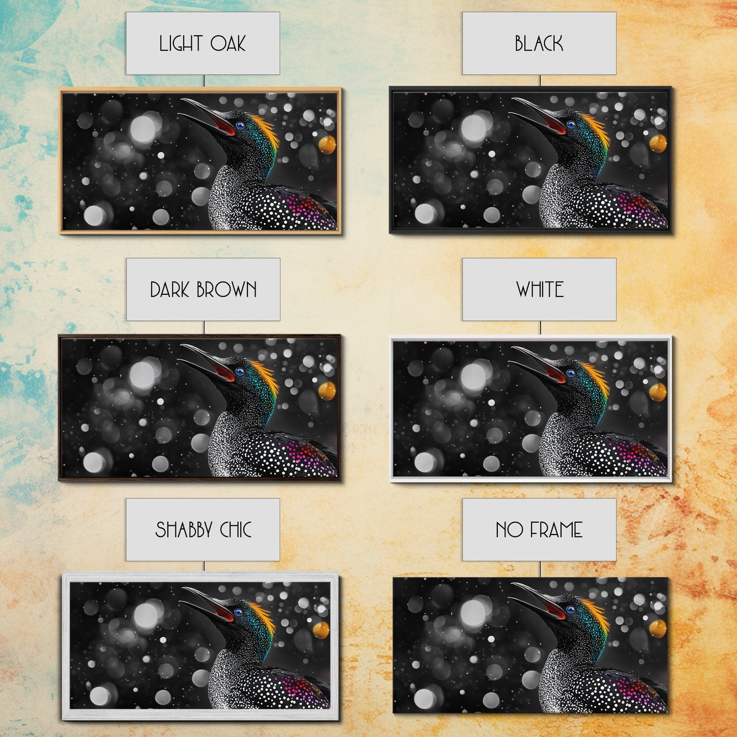 Singing Bird, Neon Plumage, Colorful Sparkle, Starry Night, Framed Canvas Print, Eclectic Art, Office Wall Art, Bright Animal Design