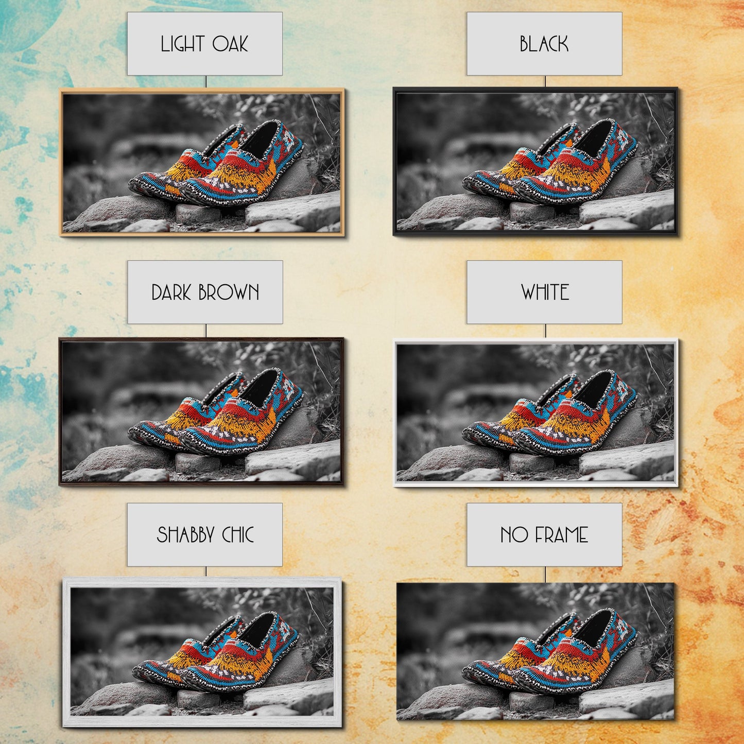 Native Beaded Shoes, Color Pop, Bohemian Style, Tribal Art, Framed Canvas Print, Rustic Wall Art, Entryway Decor, Ethnic Home Accent