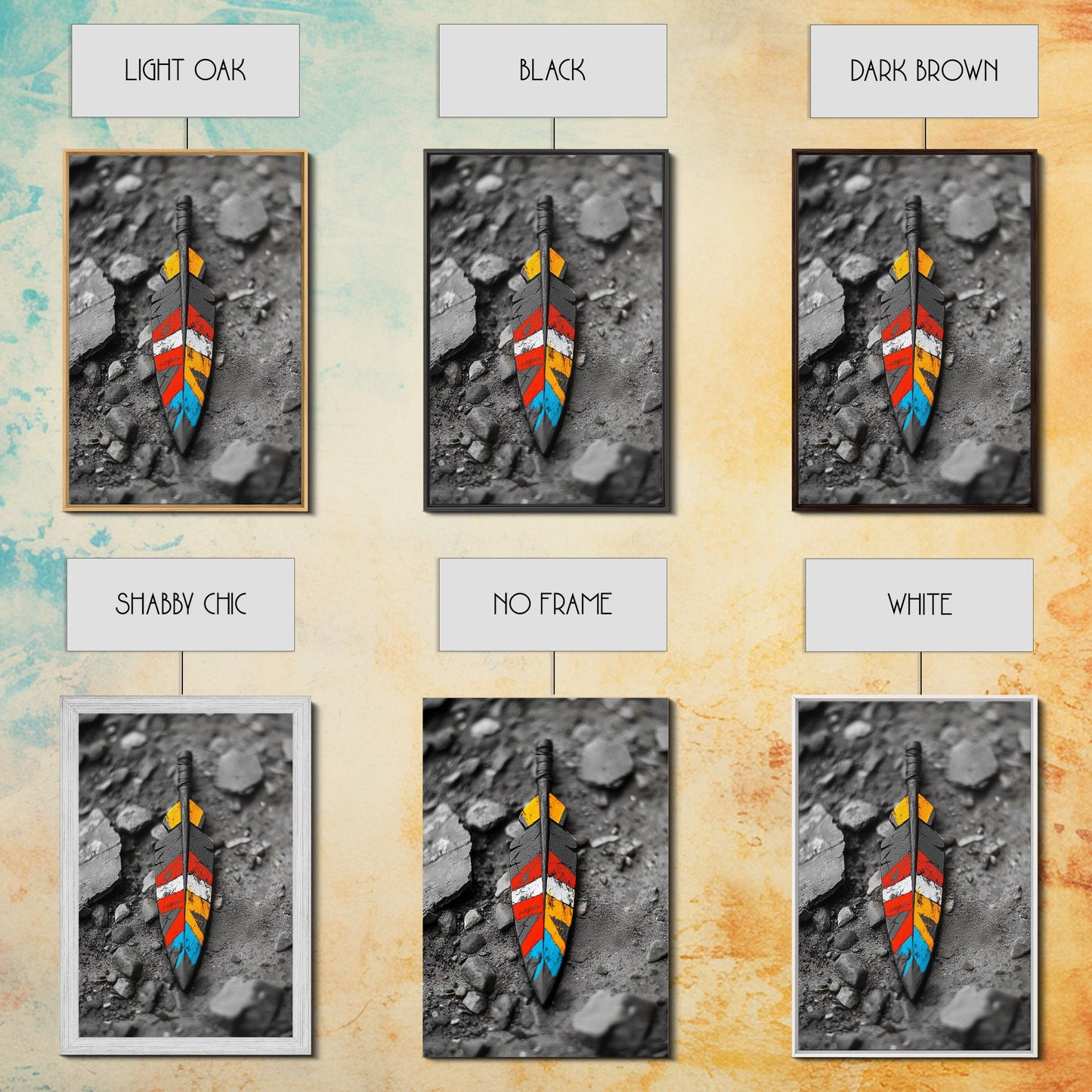 Tribal Feather, Painted Arrow, Rustic Stone Ground, Canvas Print, Boho Wall Art, Native Inspired Decor, Color Pop Rustic Style