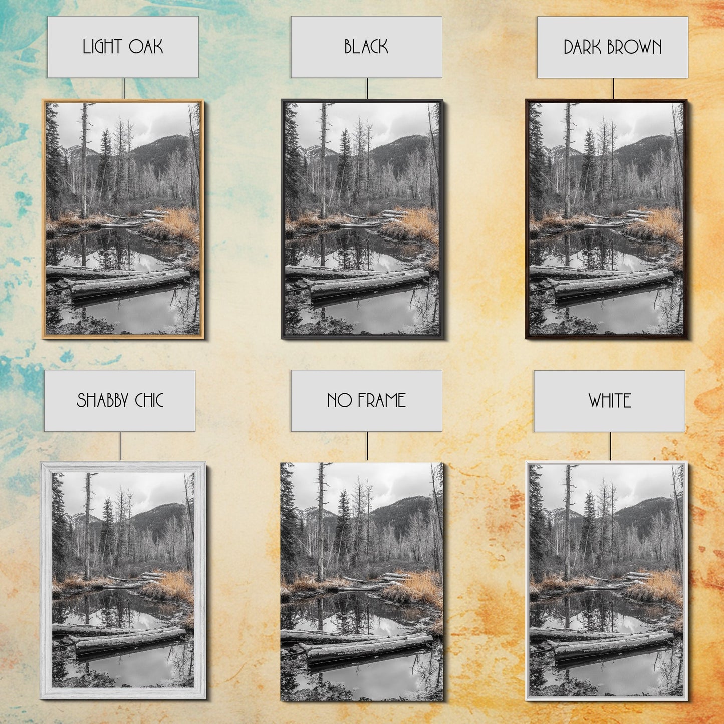 Forest Pond, Moody Woods, Black and White, Autumn Grass, Framed Canvas Print rustic cabin art, nature wall decor, woodland living room art