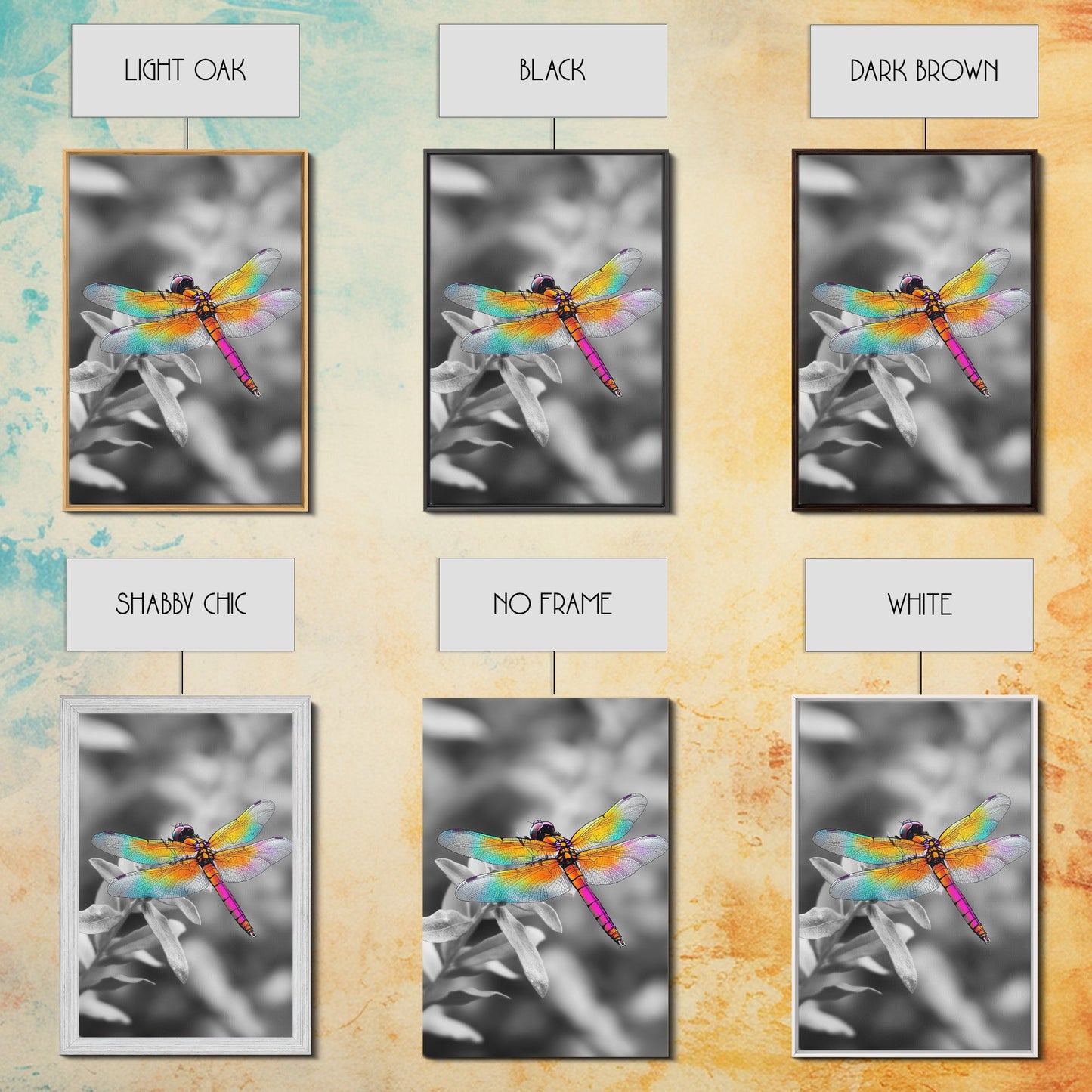 Rainbow Dragonfly, Vibrant Bug, Botanical Contrast, Framed Canvas Print, Nature Inspired Art, Bedroom Wall Decor, Whimsical Garden Accent