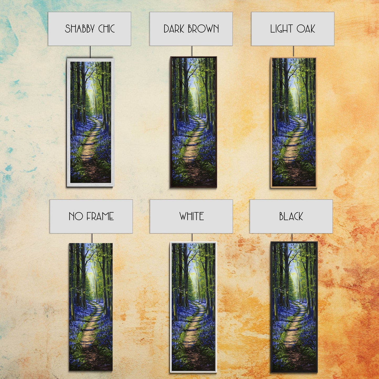 Pathway Through Enchanting Bluebell Woods in Tall Skinny Art Framed Canvas Print for Peaceful Wall Decor and Interior Design