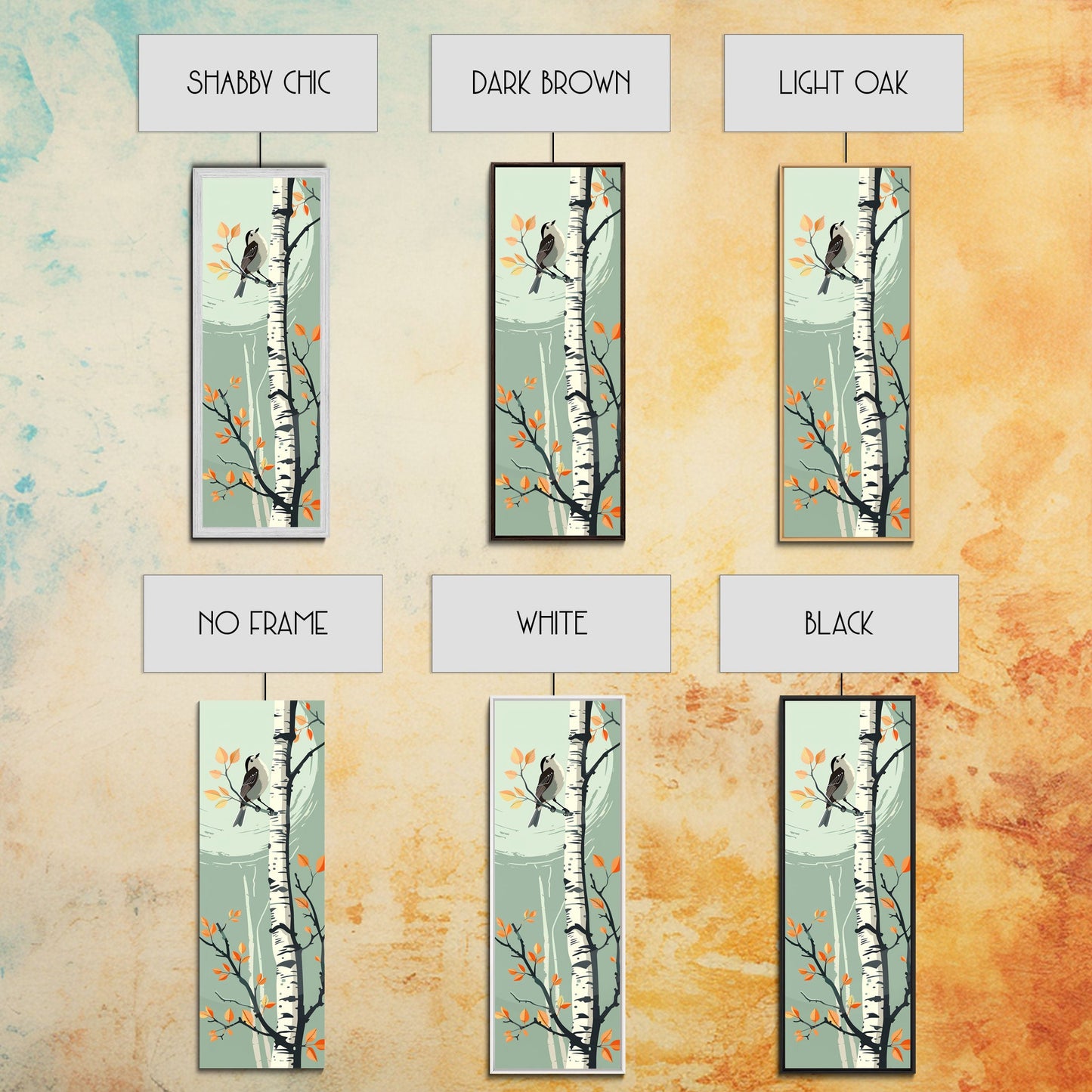 Skinny Art Bird On Birch Tree In Japanese Style Wood Block Print Autumn Tones On Framed Canvas Print, Tall Art Ukiyo-e