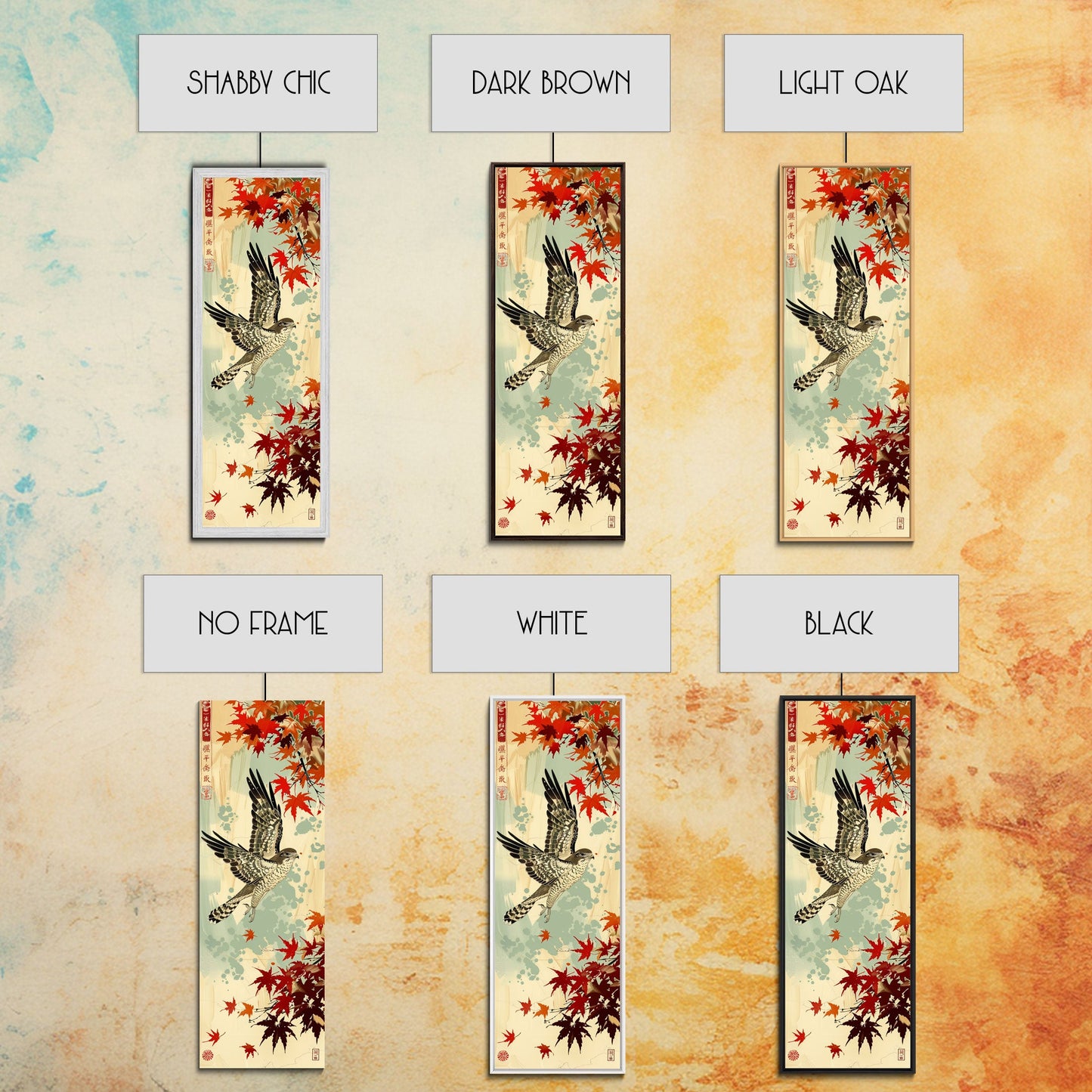 Hawk In Flight Among Red Maple Leaves Tall Art Skinny Art Framed Canvas Print Japanese Style Art Ukiyo-e Wood Block Print