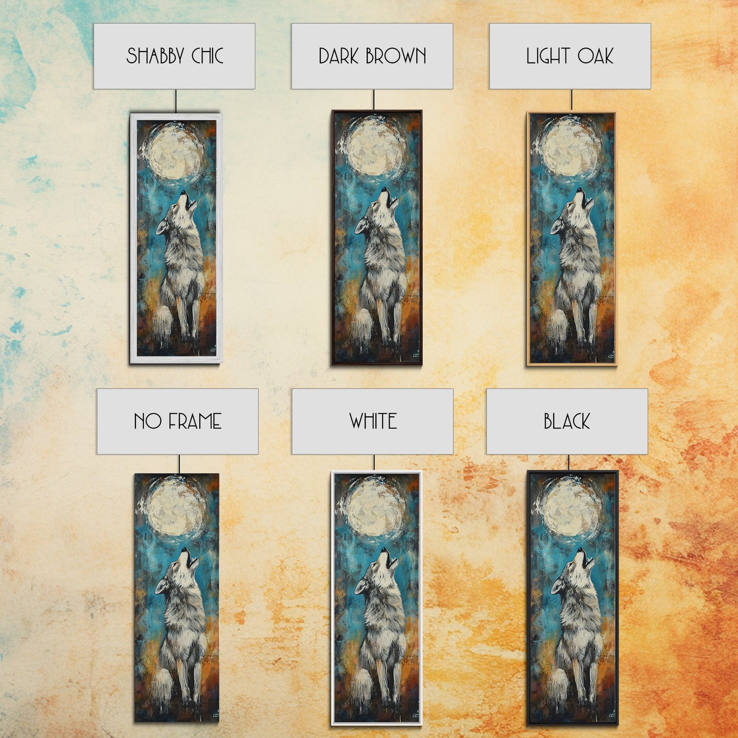 Full Moon Howling Wolf Canvas Print moody art, celestial wall art, nighttime painting, rustic decor, mountain painting, above bed wall art, blue and green wall art, bedroom art, southwest wall art