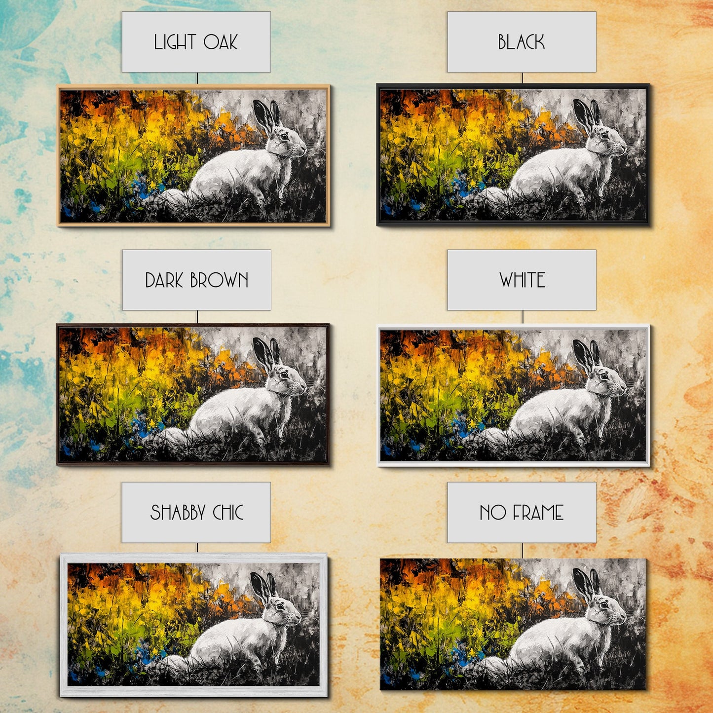 White Rabbit, whimsical art, forest at dusk painting, rustic wall art, farmhouse art, wildflower painting, Framed Canvas Print, cozy decor