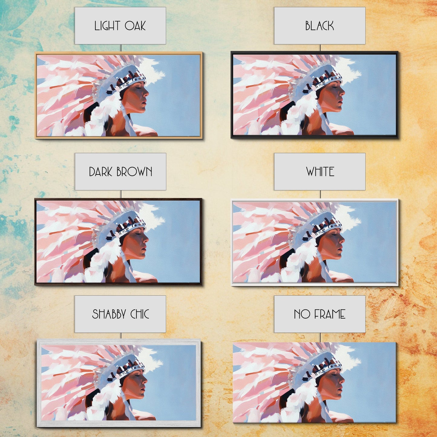 Native American Art, Woman in Headdress, Southwest Wall Art, Cultural Portrait, Framed Canvas Print, Extra Wide Art, Rustic Decor