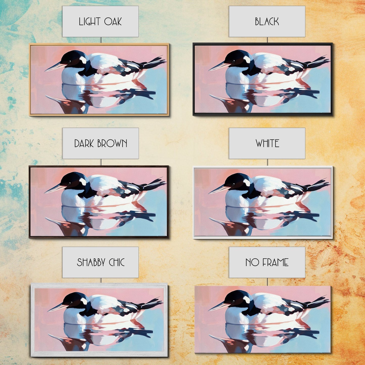 Waterfowl Reflection, bird art, lake Tahoe art, coastal painting, wildlife decor, pink orange wall art, framed canvas print