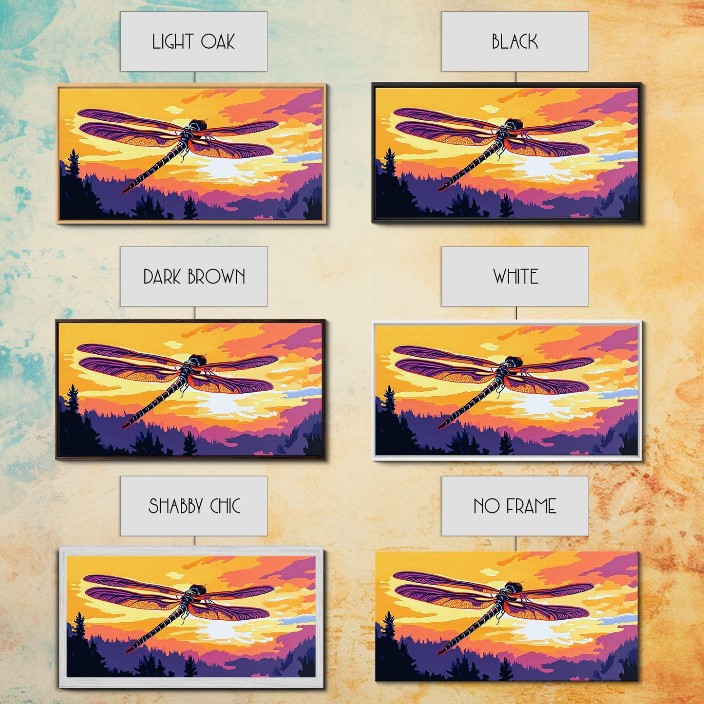 Dragonfly Glow, whimsical art, nature painting, wildflower painting, botanical prints, pink orange wall art, framed canvas print