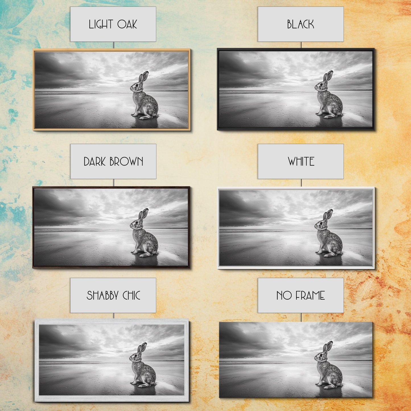 Rabbit Beach, whimsical art, coastal decor, animal painting, nature wall art, moody art, soft neutral tones, beach photography, Canvas Print