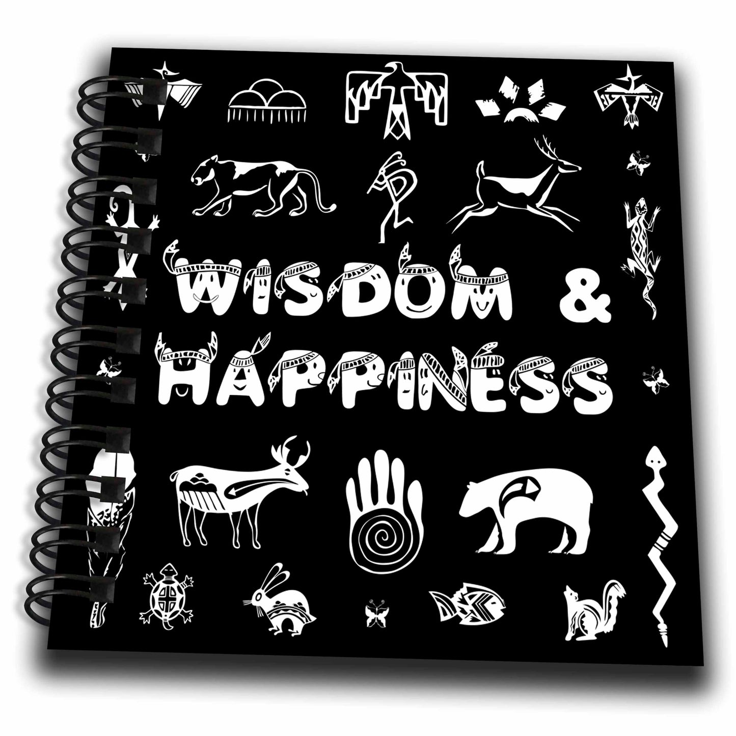3dRose Alexis Design - Positive - Native American Symbols, Text Wisdom and Happiness White on Black - Drawing Book