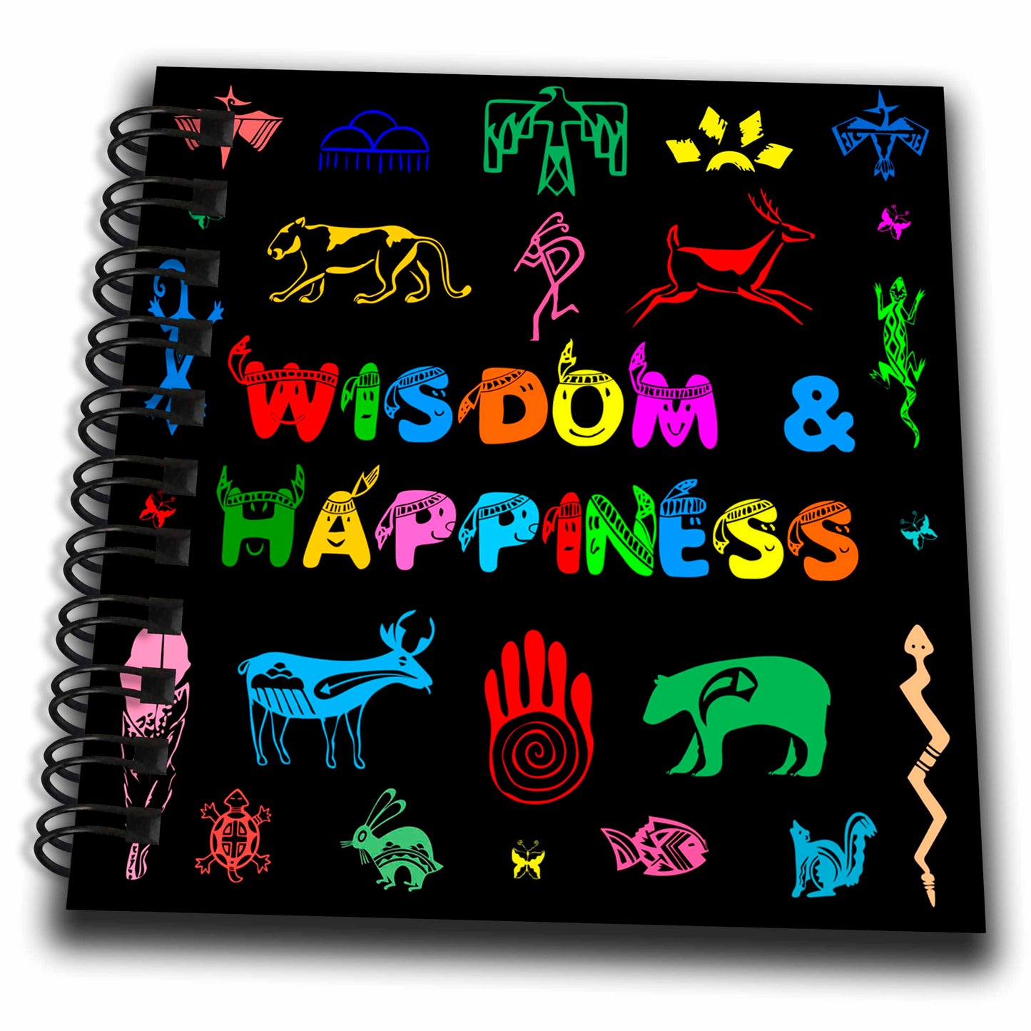 3dRose Alexis Design - Positive - Colorful Native American Symbols, Text Wisdom and Happiness on Black - Drawing Book