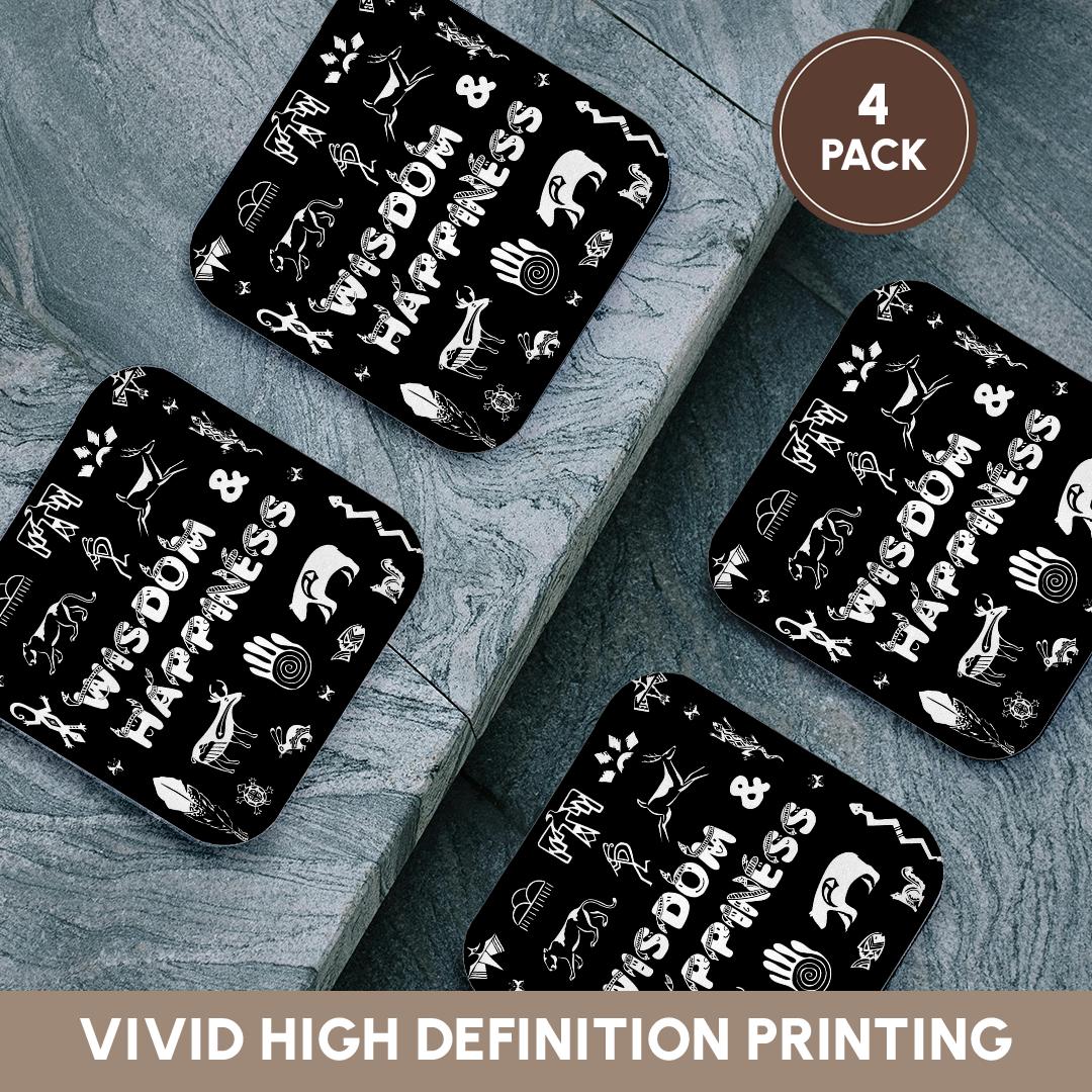 3dRose Alexis Design - Positive - Native American Symbols, Text Wisdom and Happiness White on Black - Coasters