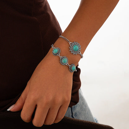 Ethnic style retro alloy turquoise bracelet Bohemian artistic bracelet set for women