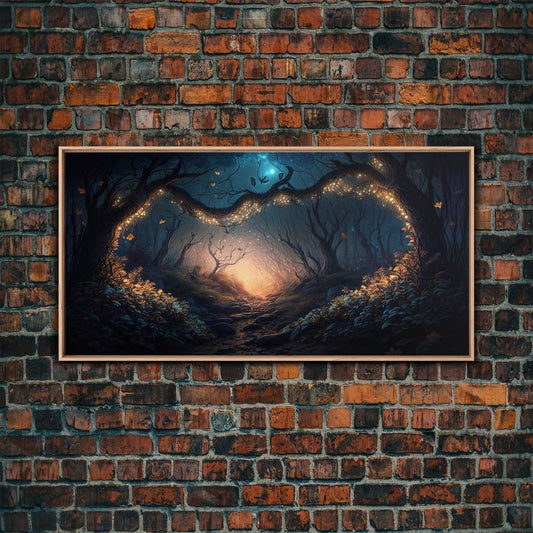Wreath of Fireflies, Beautiful Fantasy Art, Framed Canvas Print, Moonlit Forest Floor Fantasy Concept Art
