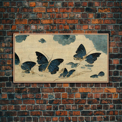 Retro Japanese Style Butterflies Wall Art, Framed Canvas Print, Framed Wall Art, Blue butterfly Art