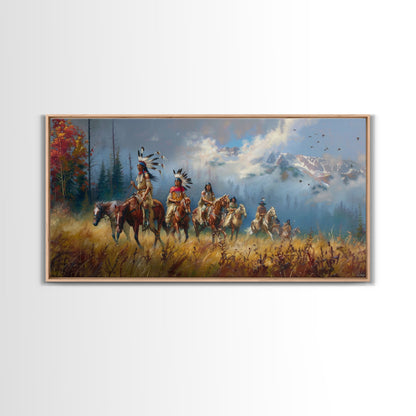Native American Warriors on Horseback in Autumn Forest, Perfect Wall Art, Framed Canvas Print Living Room or Bedroom Decor, Historical Art
