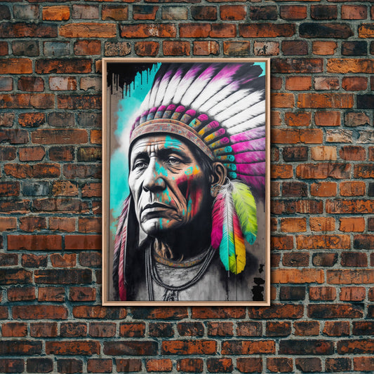 The Warrior, Native American Chief, Graffiti Art Portrait, Framed Canvas Print, Rainbow Feather Mohawk, Pop Art Portrait