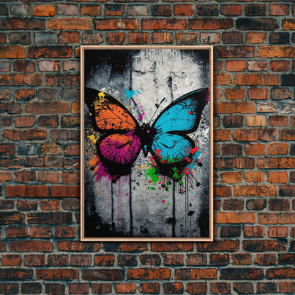 Graffiti Butterfly Art, Framed Canvas Print, Large Wall Art, Contemporary Punk Art, Butterflies, Pop Art, Paint Splatter Art