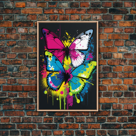 Graffiti Butterfly Art, Framed Canvas Print, Large Wall Art, Contemporary Punk Art, Butterflies, Pop Art, Paint Splatter Art