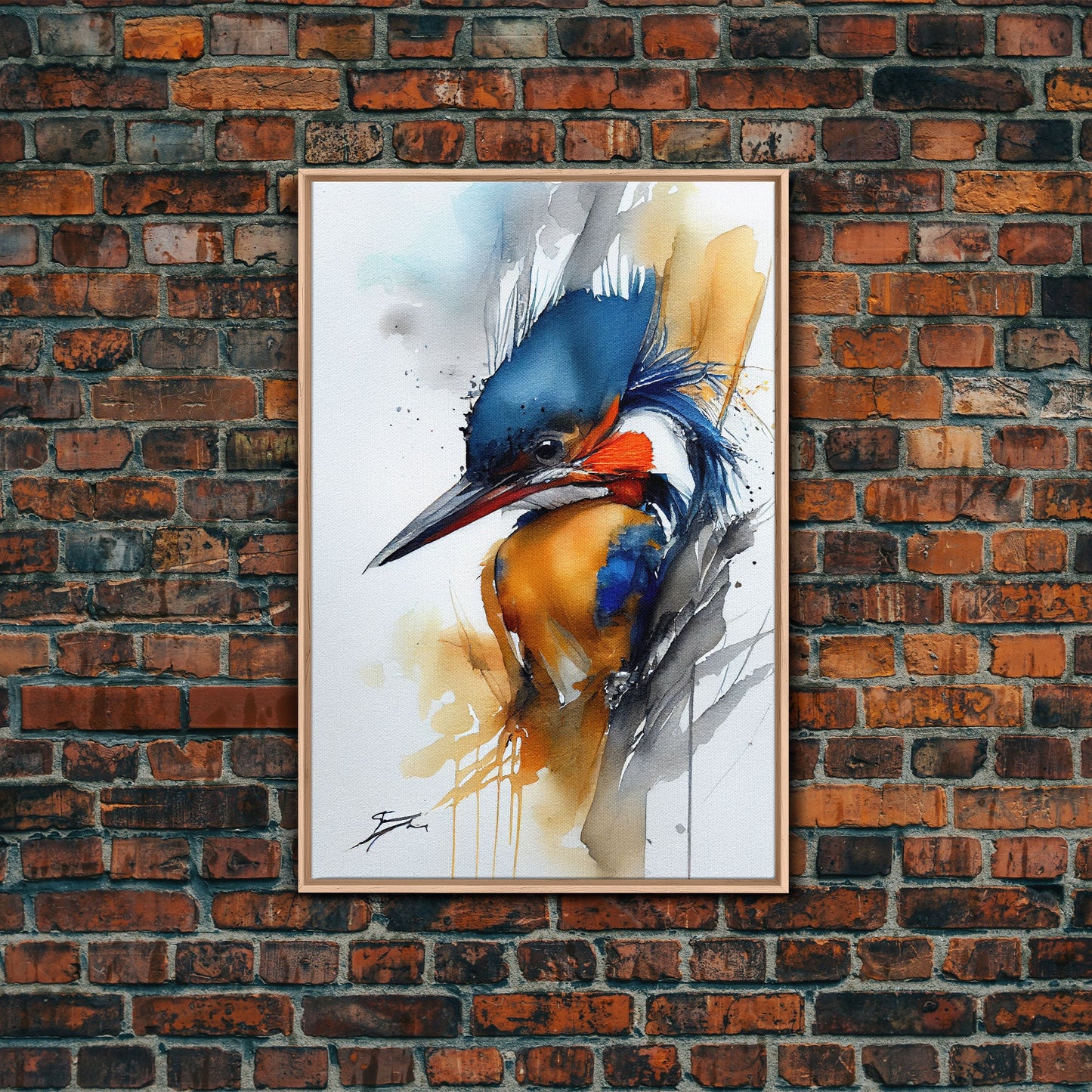 Watercolor of a Kingfisher, Framed Canvas Print, Bird Painting, Bird Watcher Art, Blue and Orange Kingfisher Watercolor Painting