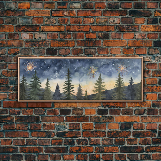 Watercolor Abstract Forest Art, Pines Trees Wall Decor, Abstract Woods, Starry Night Large Canvas Print, Panoramic, Wall Art, Canvas Print