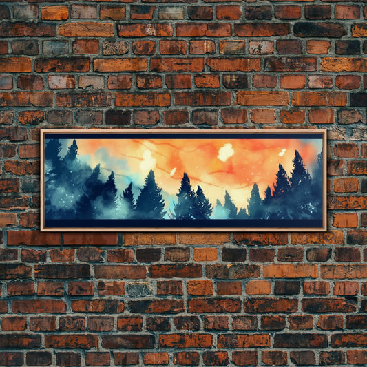 Watercolor Forest Art, Pine Trees, Sunset, Orange Sky, Abstract Forest Art, Woods Wall Art, Wall Decor, Panoramic, Wall Art, Canvas Print