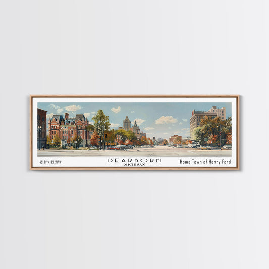 Dearborn Michigan Panoramic Watercolor Painting, Scenic Framed Canvas Print, Urban Wall Art for Living Room, Travel Decor, City Print, Gift Idea