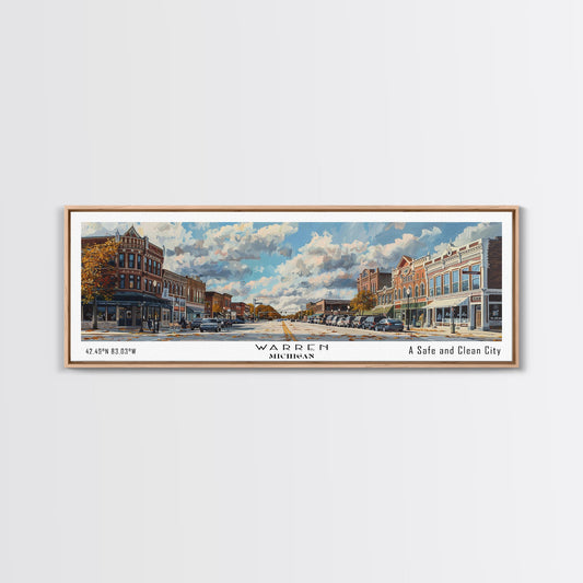 Warren Michigan Panoramic Framed Canvas Print, Vintage Travel Poster, Unique Wall Art, Artistic Home Decor, Office Gift Idea