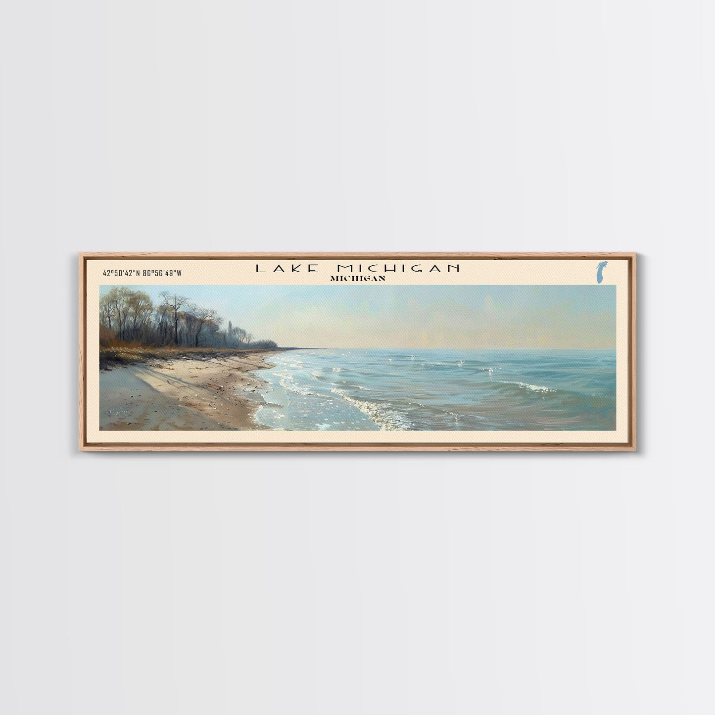 Lake Michigan Framed Canvas Print, Lake House Decor, Panoramic Wall Art, Travel Poster, Beautiful Landscape Painting, Bedroom Decor