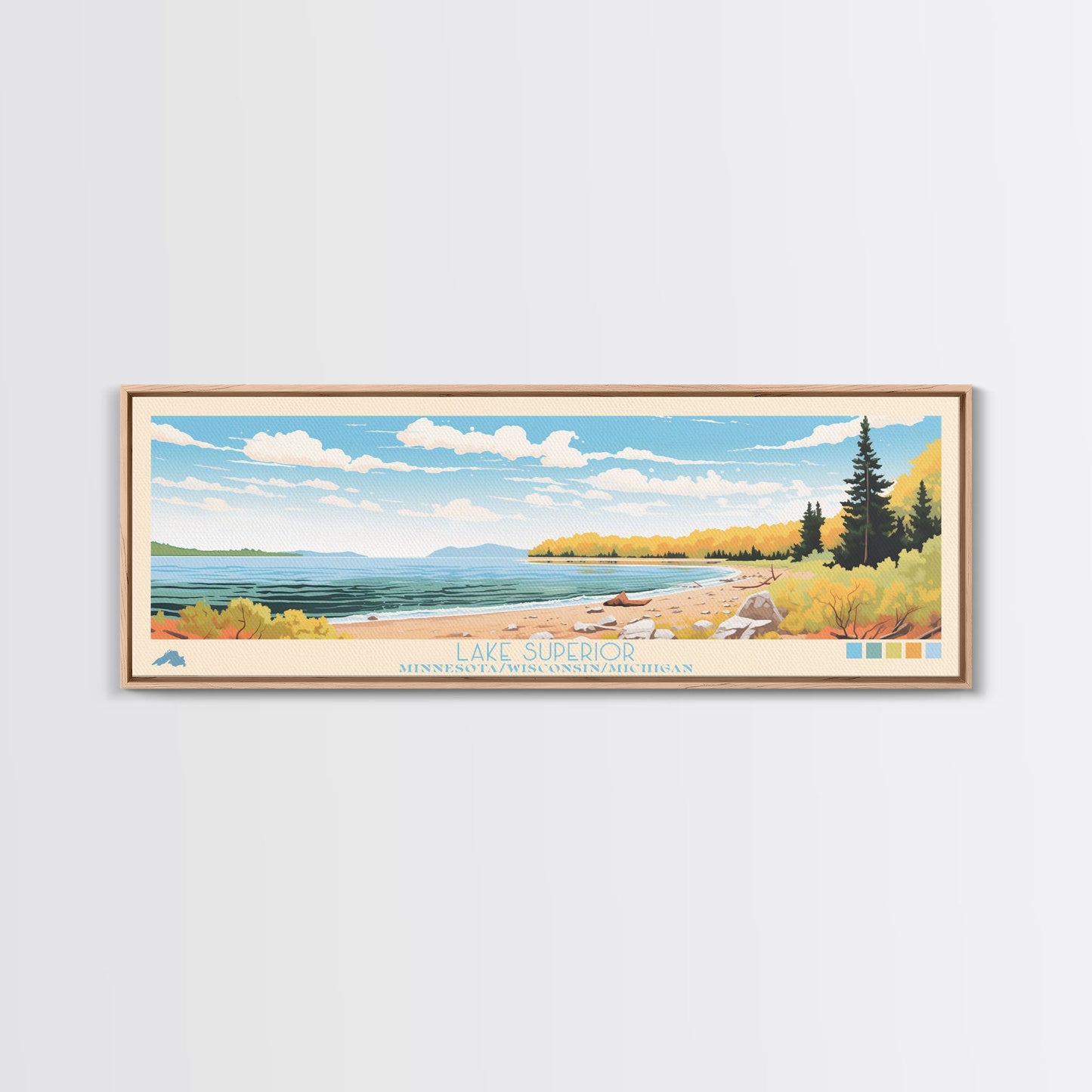 Lake Superior MinnesotaWisconsinMichigan Framed Canvas Print, Panoramic Wall Art, Midcentury Modern, Pop Art, Living Room Decor, Travel Poster, Lake House Art