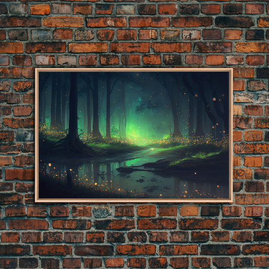 Fireflies In Forest Swamp Night Green Wall Poster, Wall Decor, Wall Art Print, Fine Art Print