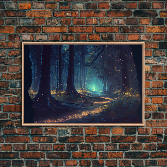 Night In The Forest Woods Path Of Fireflies Fine Art Print, Wall Poster, Wall Art Print, Wall Decor