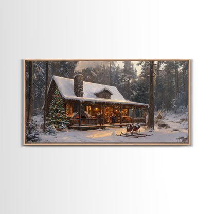 Cozy Christmas Cabin in Woods Framed Canvas Print - Rustic Christmas Decor and Winter Wonderland Scene with Holiday Wall Art