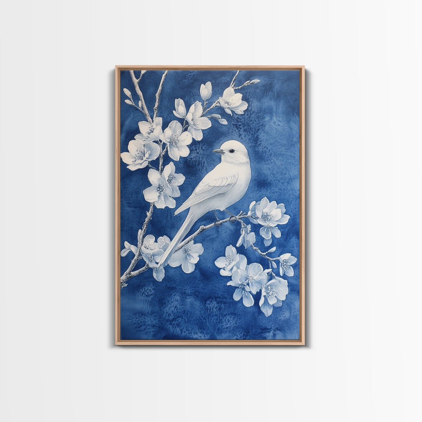Blue Botanial Wall Art Chinoiserie Wall Art, White Bird, Blue Chinoiserie Home Decor, Botanical Print, Bird Painting, Framed Canvas Print