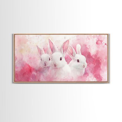 Three Bunnies Canvas Print, Adorable Pink Abstract Art Featuring Rabbits, Whimsical Nursery Wall Decor or Easter Themed Art