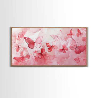 Pink Butterfly Collection Illustration in Whimsical Wall Art Style on Framed Canvas Print, Feminine Bedroom or Living Room Decor