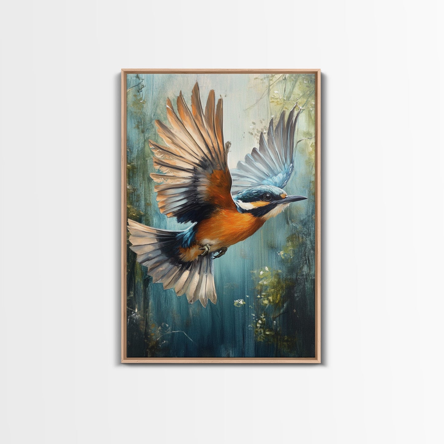 Blue Kingfisher Bird Canvas Print | Vibrant Nature Painting Wall Art | Wildlife Rustic Art Above Sofa | Whimsical Bird Original Artwork